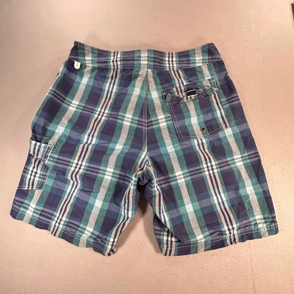 J.Crew‎ Mens Blue Teal Plaid Board Shorts Swim Trunks Size 30 Cargo Pocket